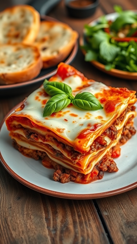 A slice of classic meat lasagna layered with meat sauce, cheese, and herbs, served with garlic bread.